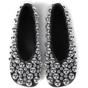 Women's Black Ballet Flats Mesh Silver Pearl Dress Shoes Work Party Everyday